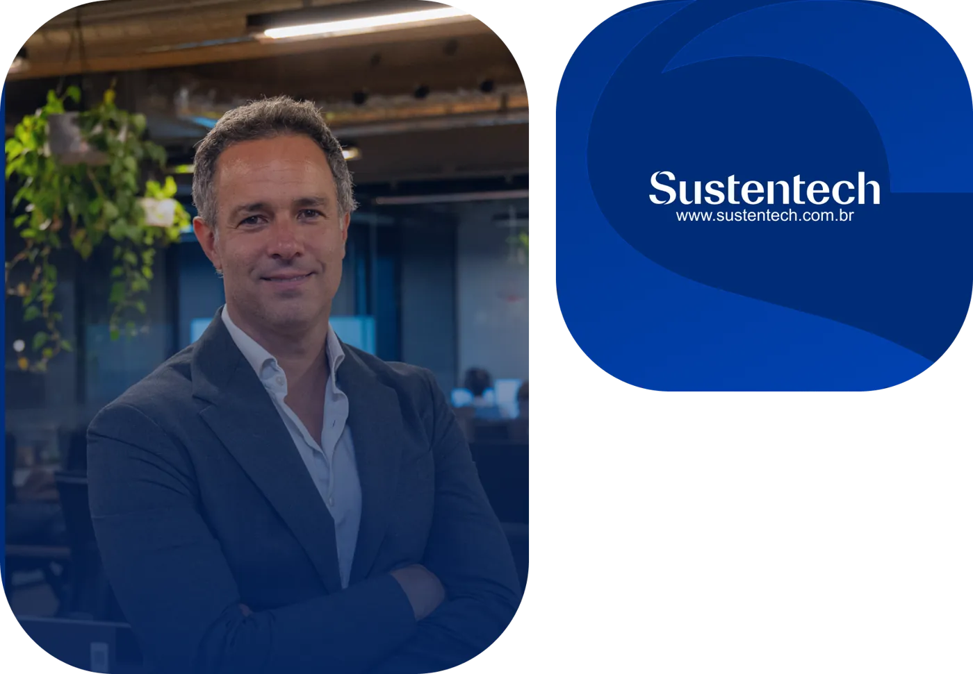 Equipe Sustentech no escritório, ao lado do logotipo da Sustentech